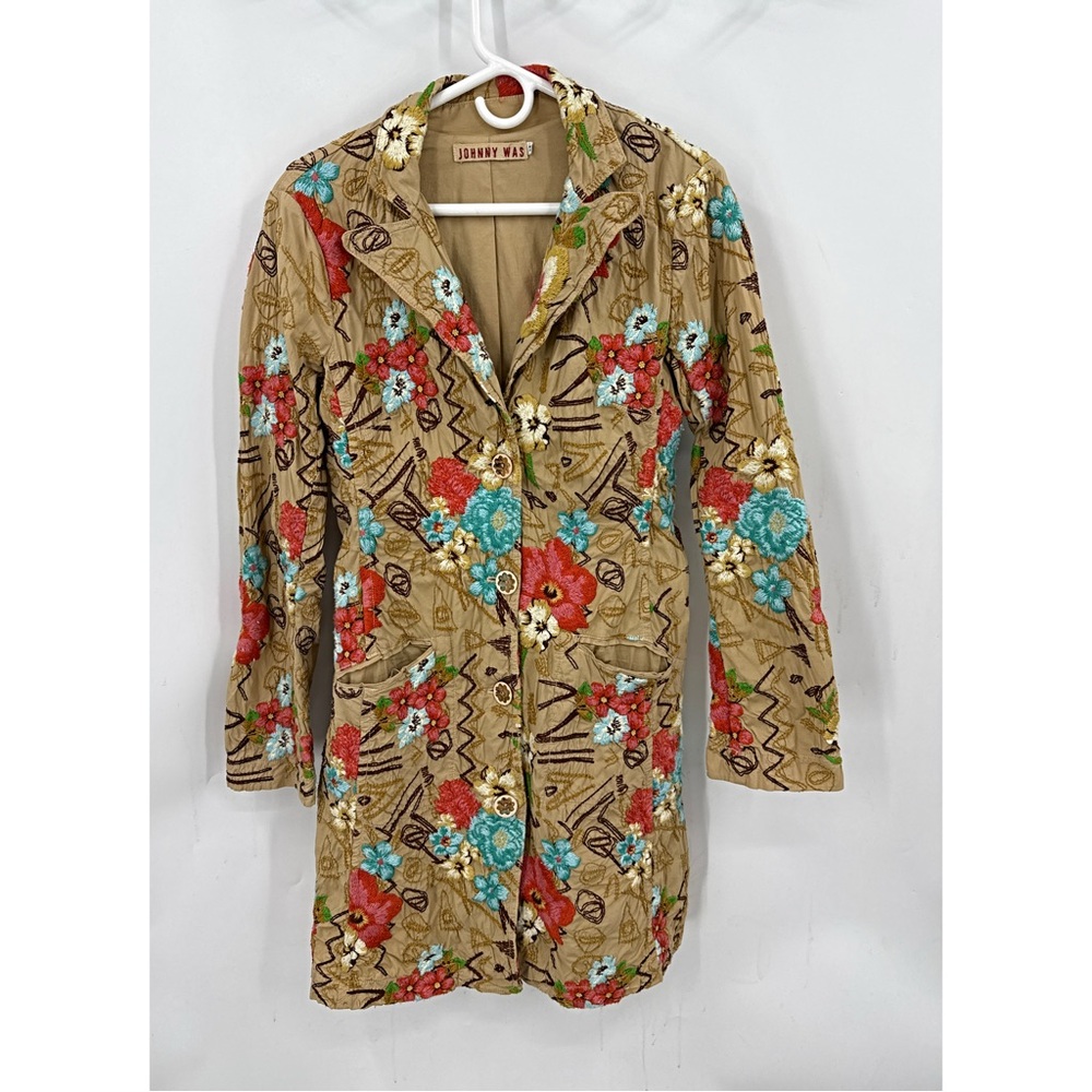Johnny Was Floral Button-Front Embroidered Trench Coat. M